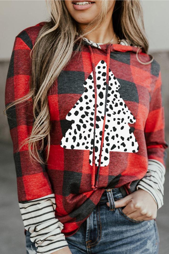 Patch Sleeve Leopard Christmas Tree Graphic Hoodie Product Image