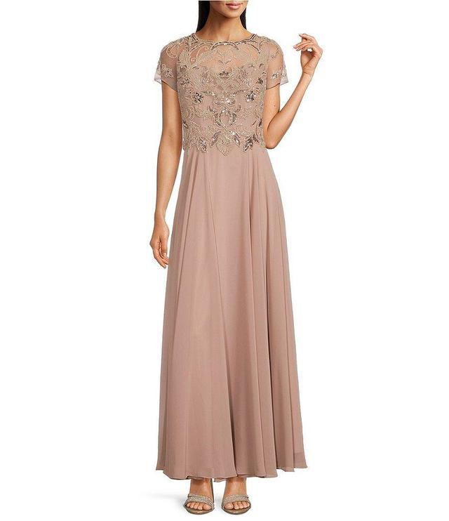 Xscape Beaded Bodice Round Neck Short Illusion Sleeve Chiffon Gown Product Image