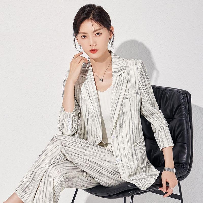 Notch Lapel Striped Single Breasted Blazer / High Waist Flared Slacks / Set Product Image