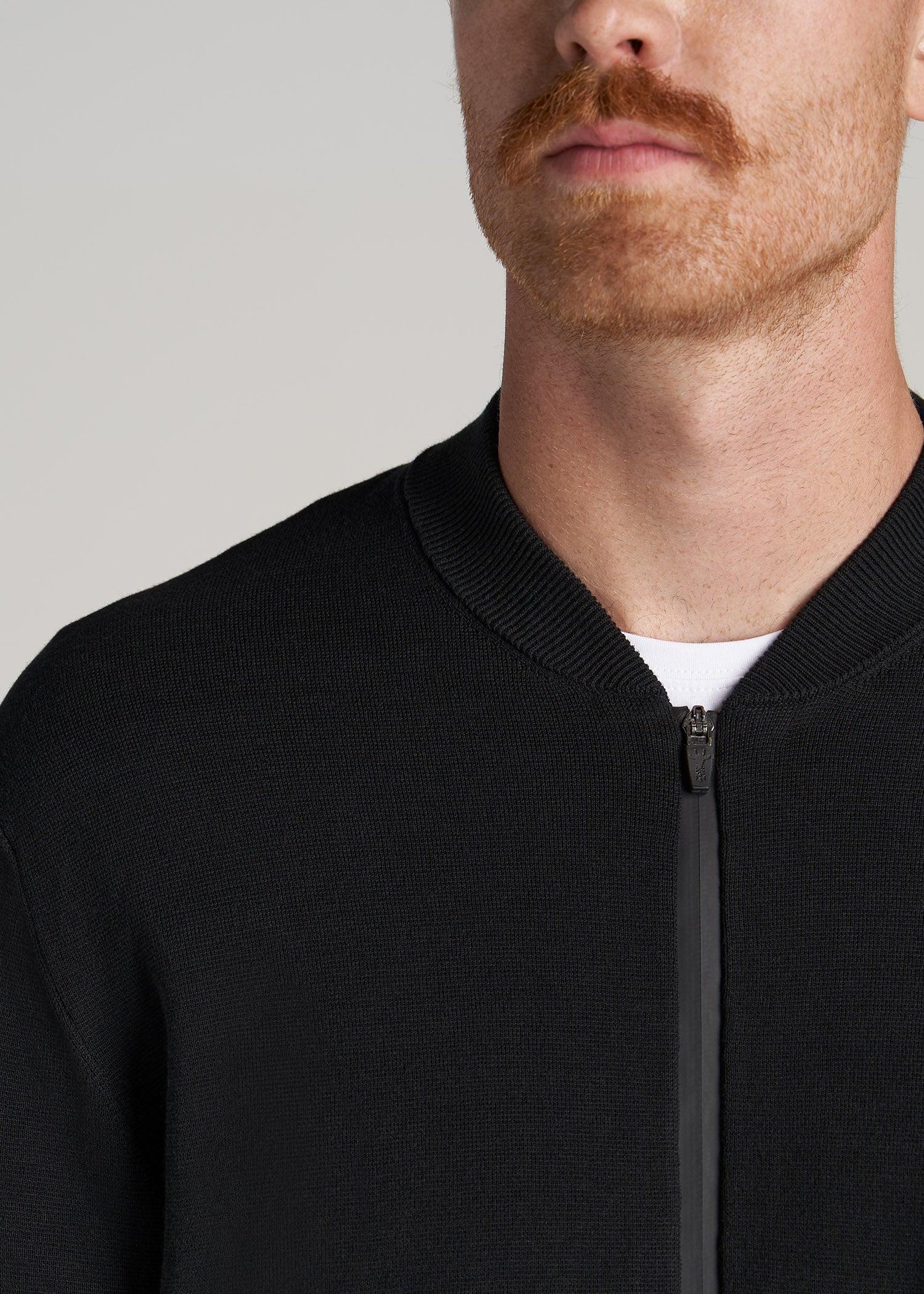 Full-Zip Baseball Collar Sweater for Tall Men in Black Male Product Image