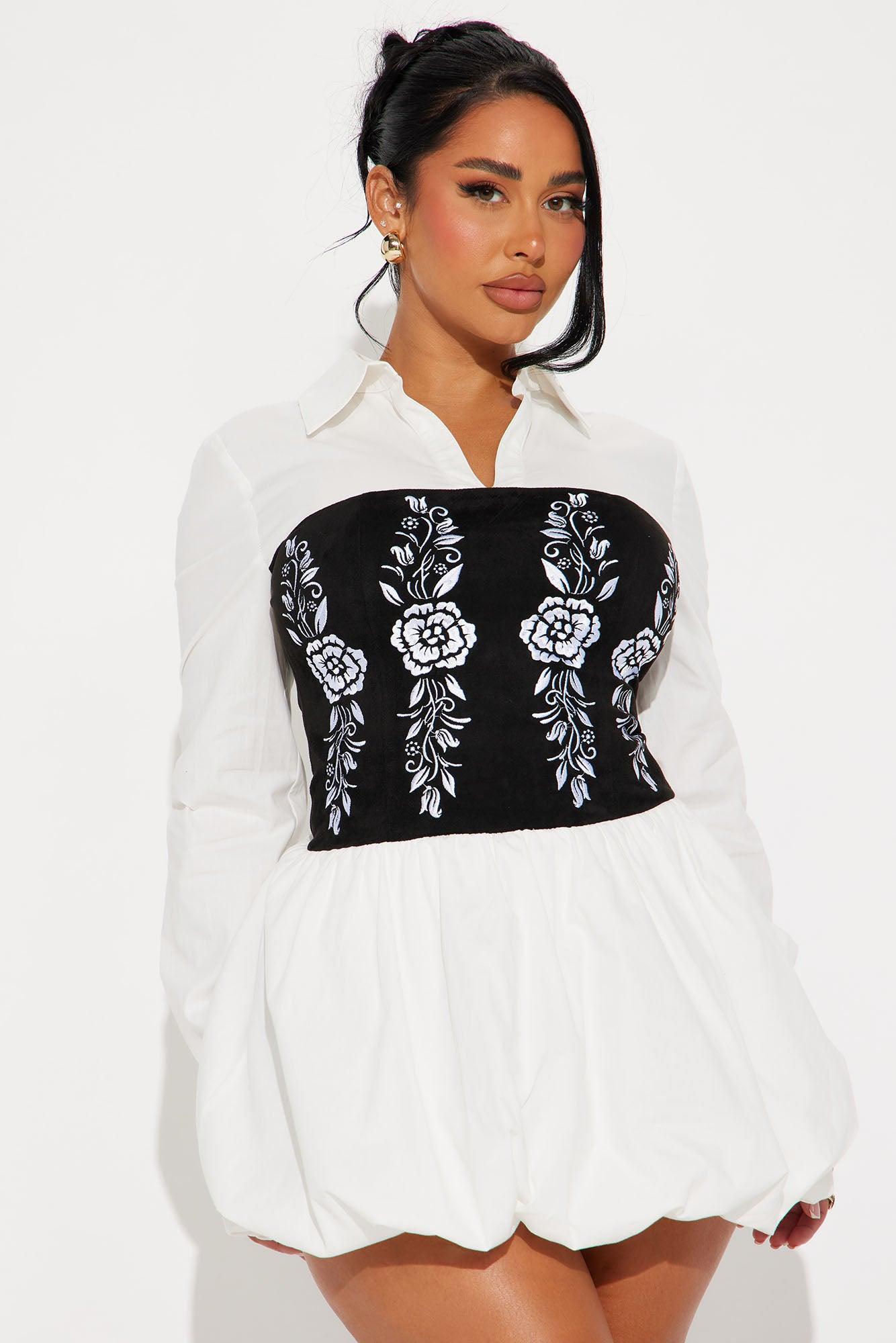 Anika Mini Bubble Shirt Dress - White/Black Product Image