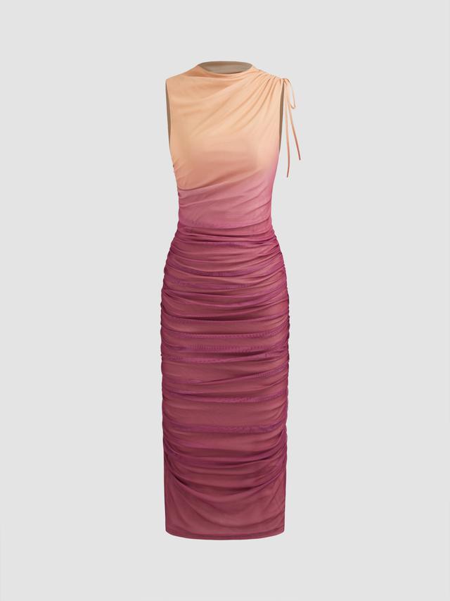 Mesh Round Neckline Gradient Ruched Drawstring Maxi Dress Product Image