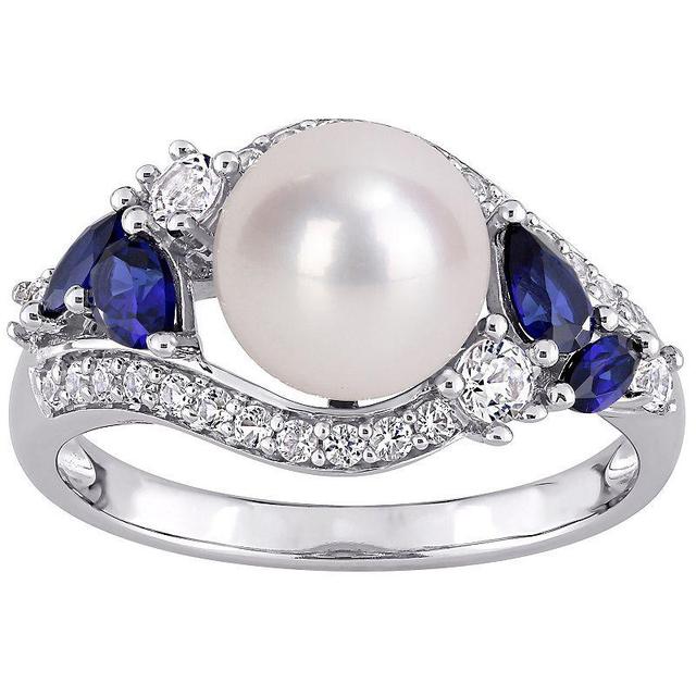 Stella Grace 10k White Gold Freshwater Cultured Pearl, Lab-Created Blue & White Sapphire Fashion Ring, Womens Product Image