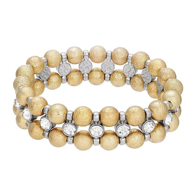 1928 Gold Tone Brushed Ball & Crystal Stretch Bracelet, Womens, White Product Image