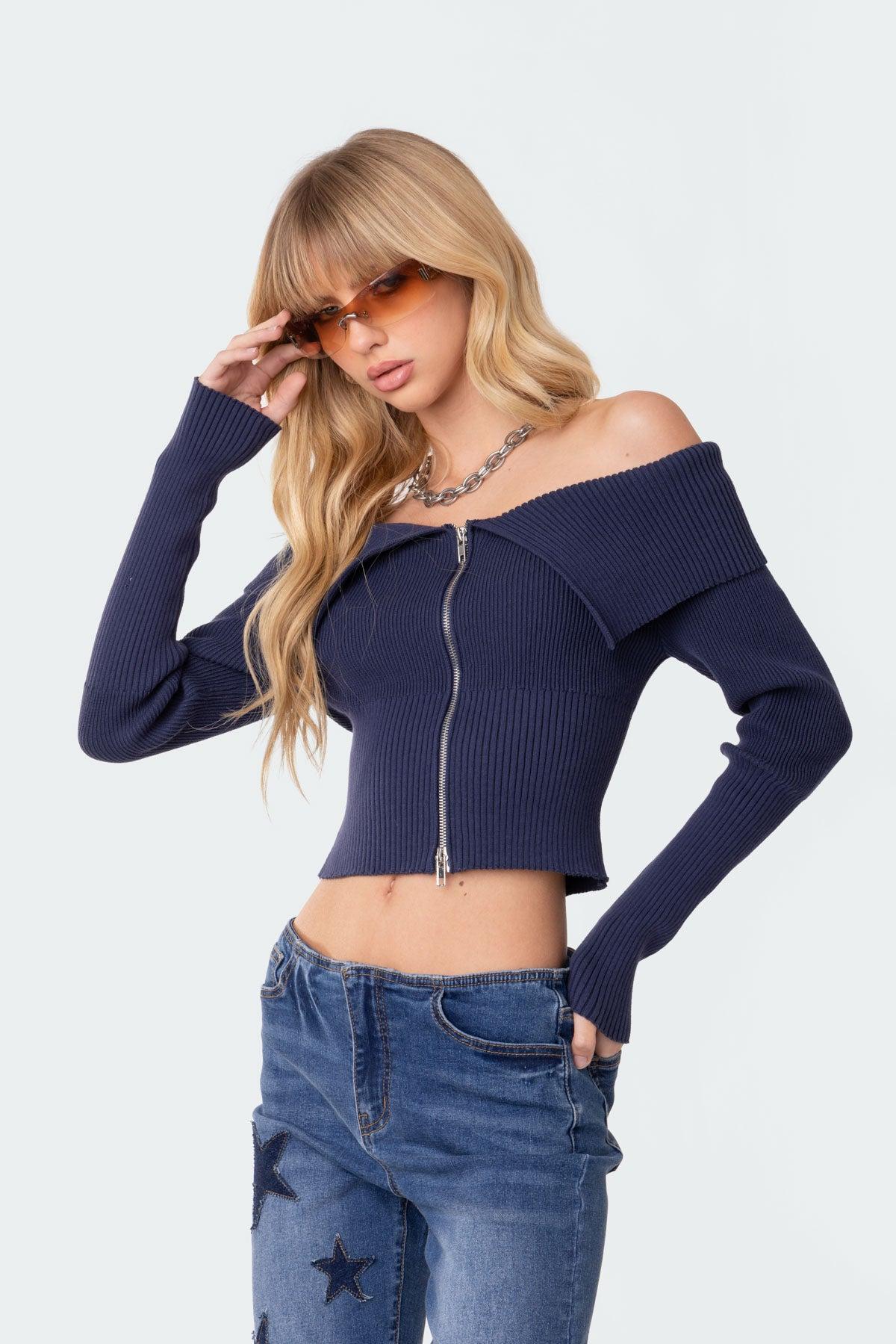 Fold Over Double Zip Knit Top Product Image