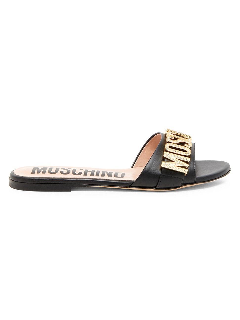 Womens Crystal Logo Leather Slide Sandals Product Image