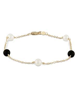 Bloomingdales Cultured Freshwater Pearl & Onyx Bead Chain Link Bracelet in 14K Yellow Gold - 100% Exclusive Product Image