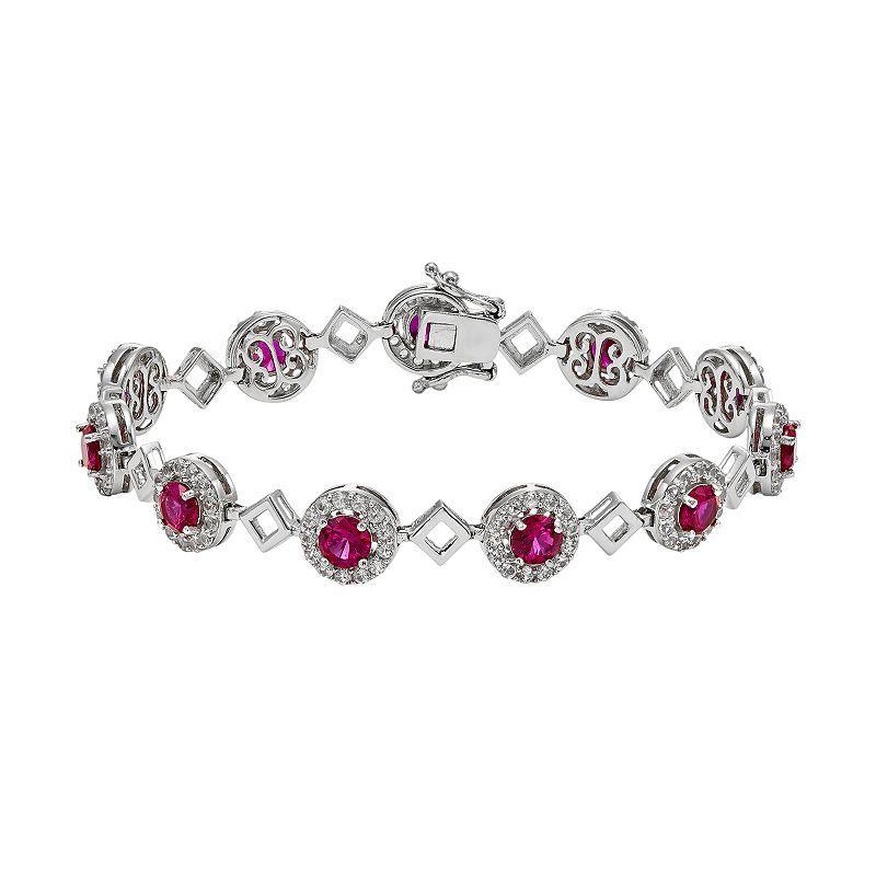 Lab-Created Ruby & Lab-Created White Sapphire Sterling Silver Halo Bracelet, Womens Red Product Image