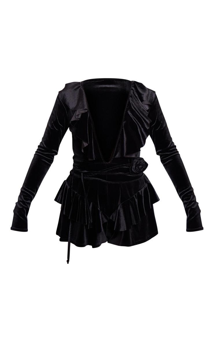 Black Velvet Plunge Frill Corsage Romper Product Image