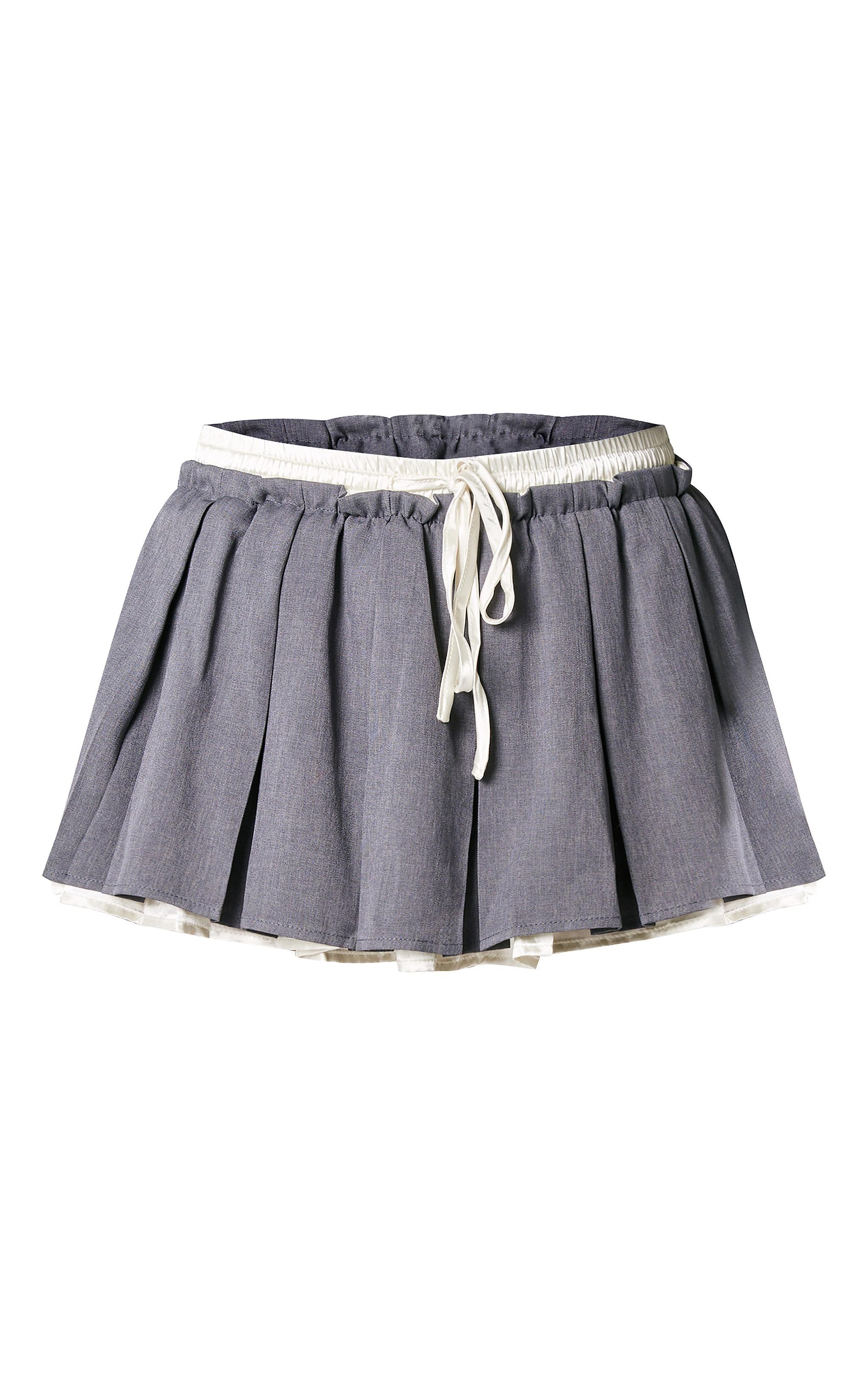 Charcoal Satin Double Waistband Detail Tailored Woven Pleated Mini Skirt Product Image