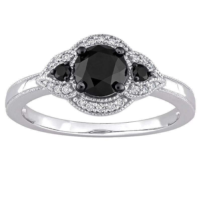 Stella Grace 14k White Gold 1 1/7 Carat T.W. Black & White Diamond 3-Stone Halo Engagement Ring, Womens Product Image