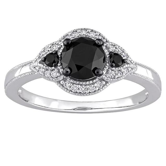 Stella Grace 14k White Gold 1 1/7 Carat T.W. Black & White Diamond 3-Stone Halo Engagement Ring, Womens Product Image