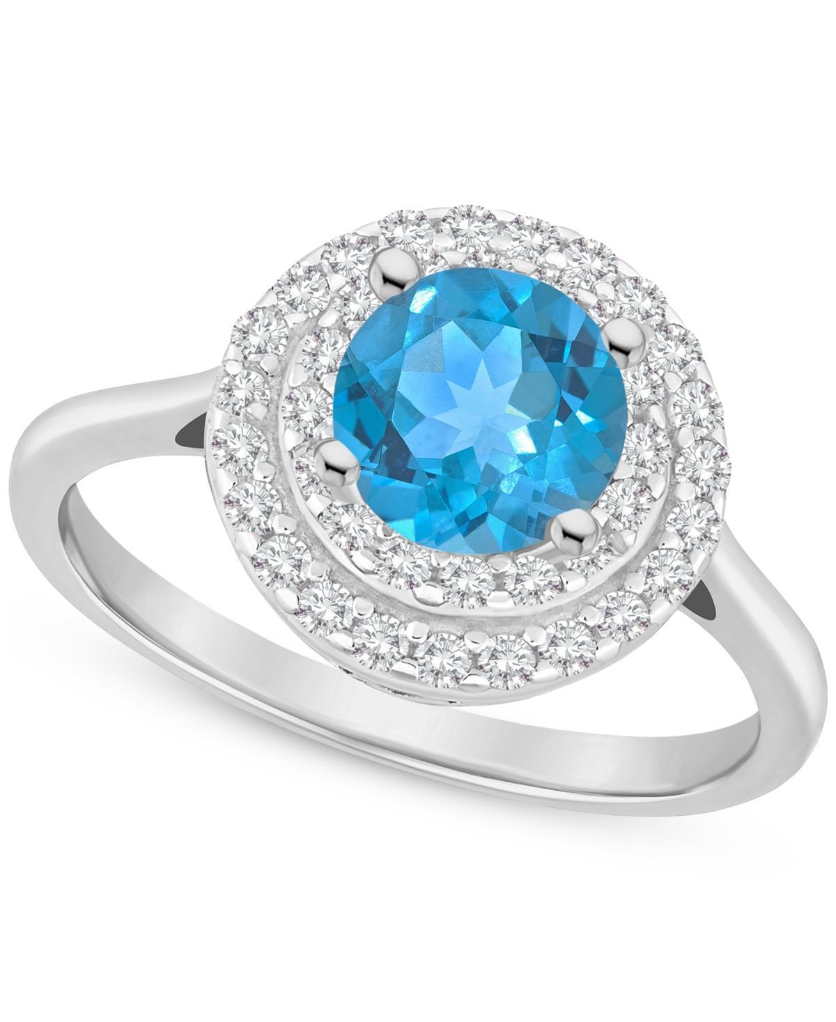 Celebration Gems Sterling Silver Round-Cut Swiss Blue Topaz & White Topaz Double Halo Ring, Womens Product Image