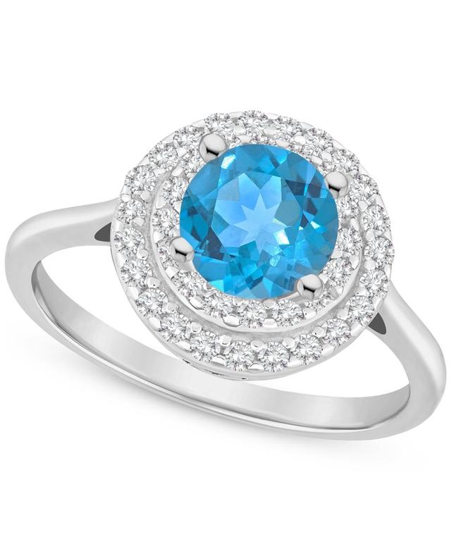 Celebration Gems Sterling Silver Round-Cut Swiss Blue Topaz & White Topaz Double Halo Ring, Womens Product Image