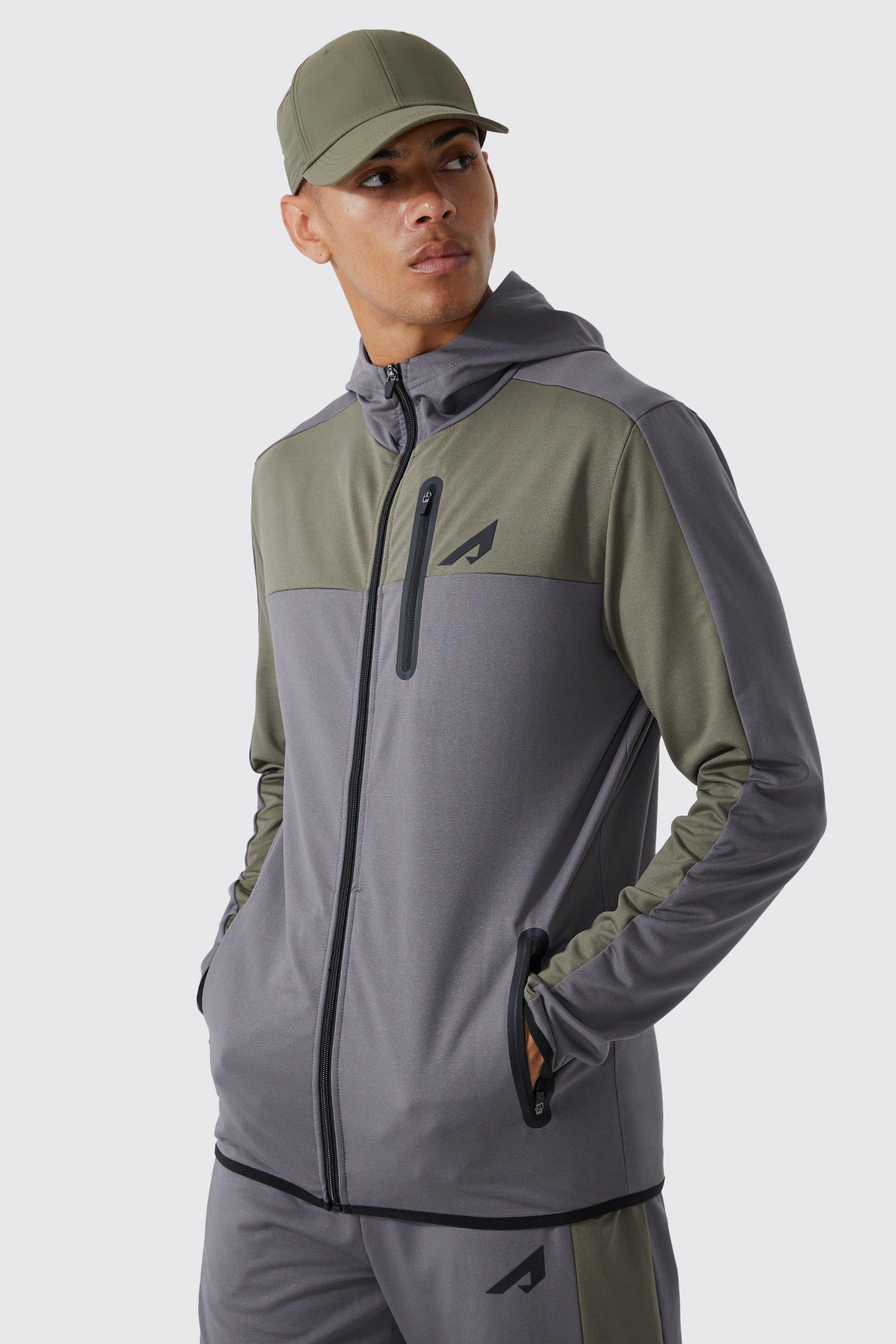 Active Zip Through Colour Block Funnel Slim Fit Hoodie | boohooMAN USA Product Image