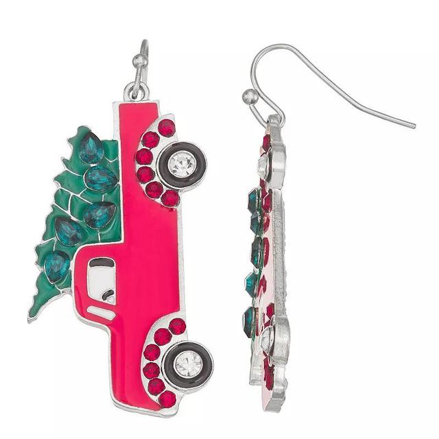 Celebrate Together Silver Tone Crystal Christmas Tree Truck Drop Earrings, Womens, Red Product Image