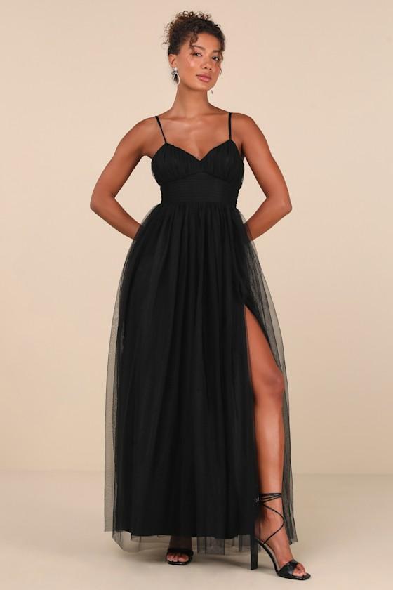 Convincingly Graceful Black Tulle Sleeveless Maxi Dress Product Image