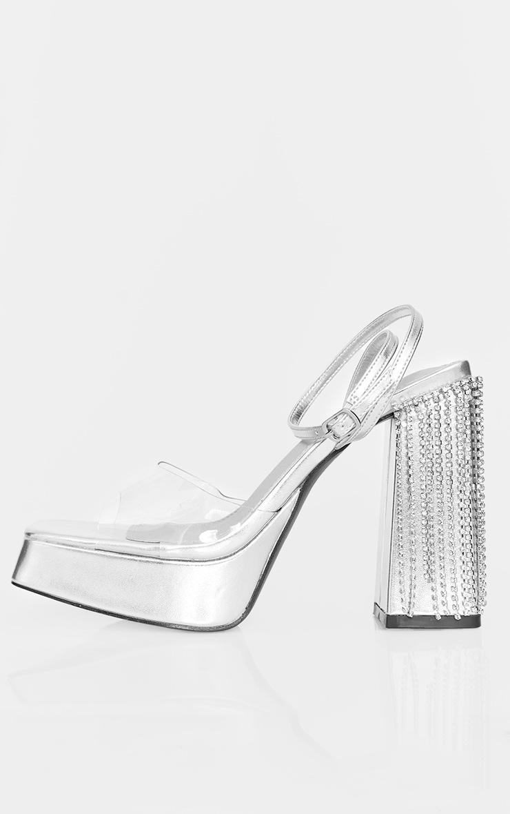 Silver Metallic Pu Square Toe Diamante Tassel Platform Heels product image