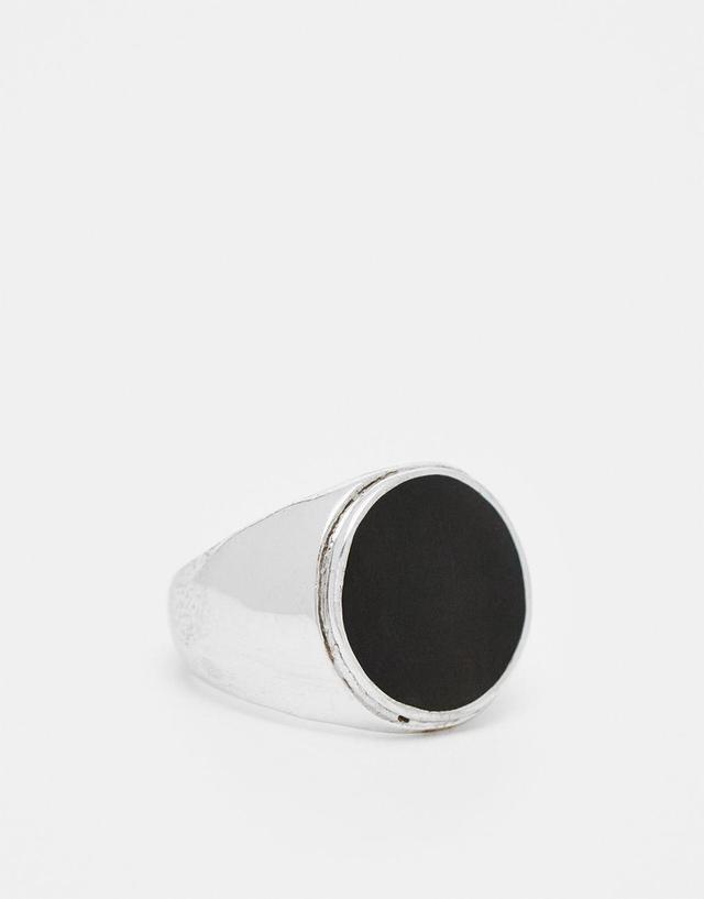 ASOS DESIGN round signet ring with black enamel in burnished silver Product Image