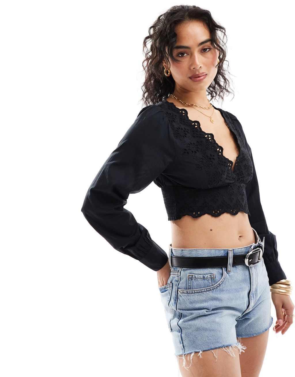 Only eyelet detail cropped blouse in black  Product Image