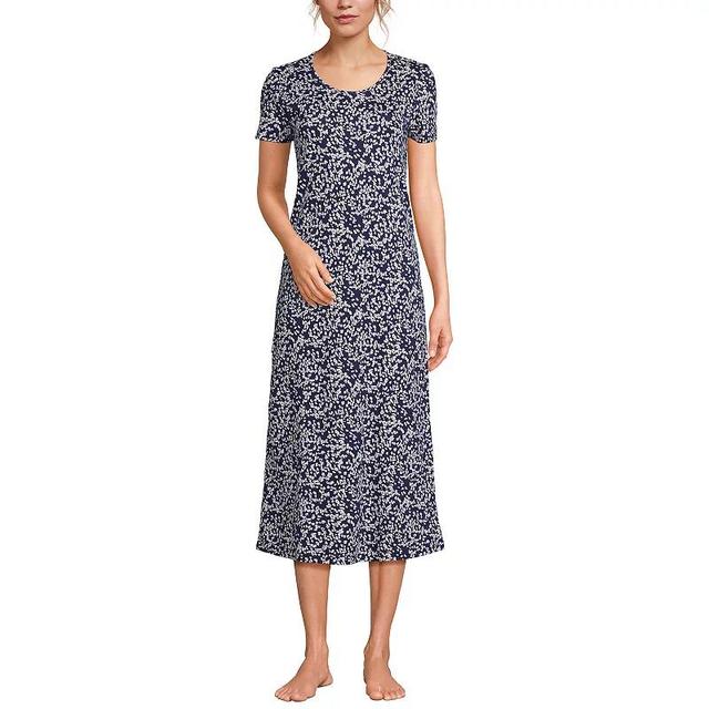 Womens Lands End Short Sleeve Mid-Calf Length Nightgown Navy Purple Ditsy Product Image