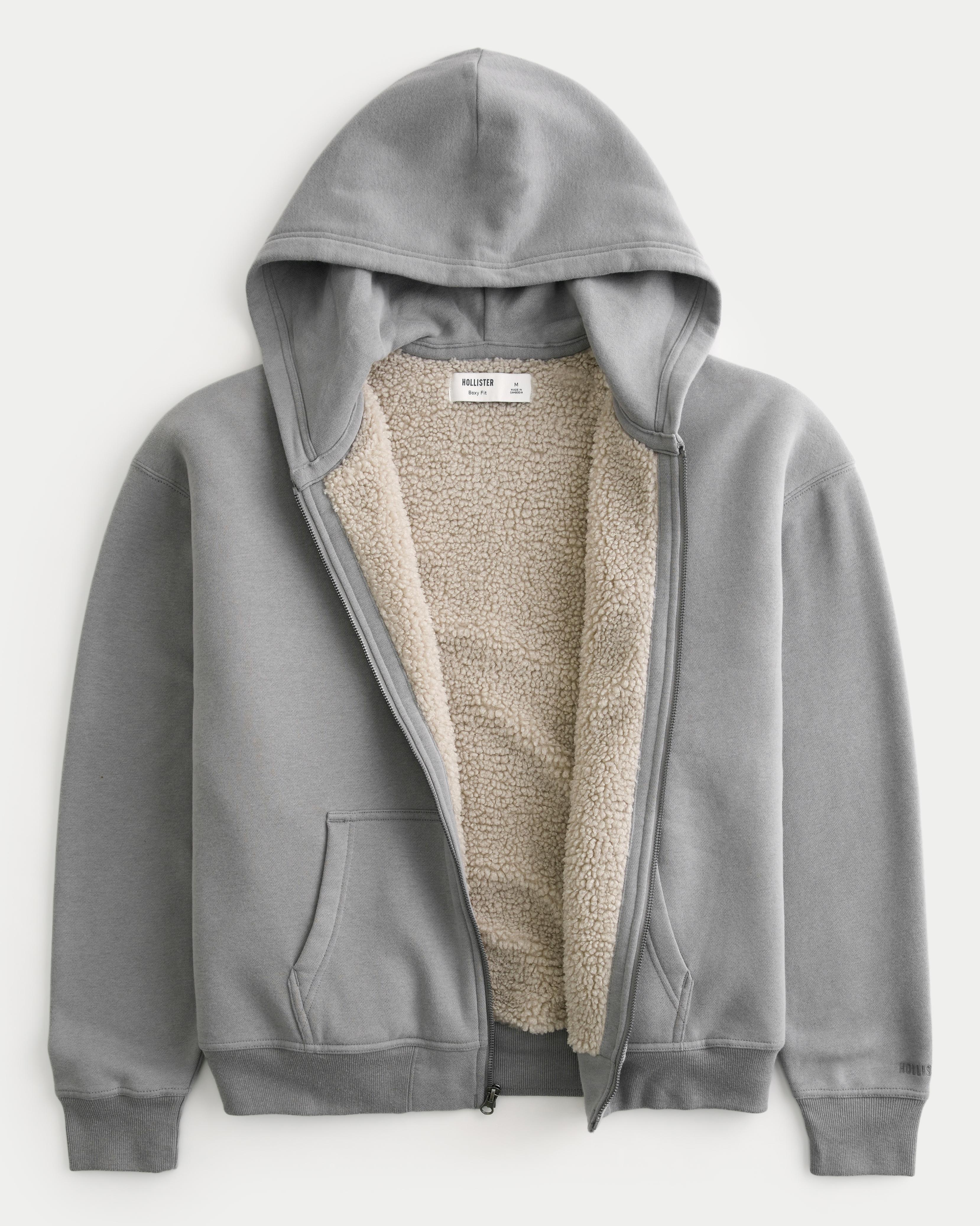 Boxy Faux Shearling-Lined Zip-Up Hoodie Product Image