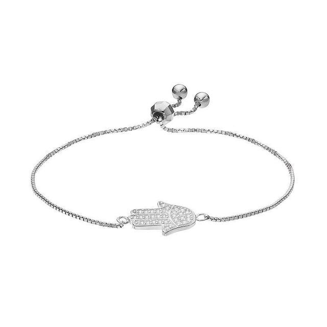 Sterling Silver Cubic Zirconia Hamsa Bolo Bracelet, Womens White Product Image