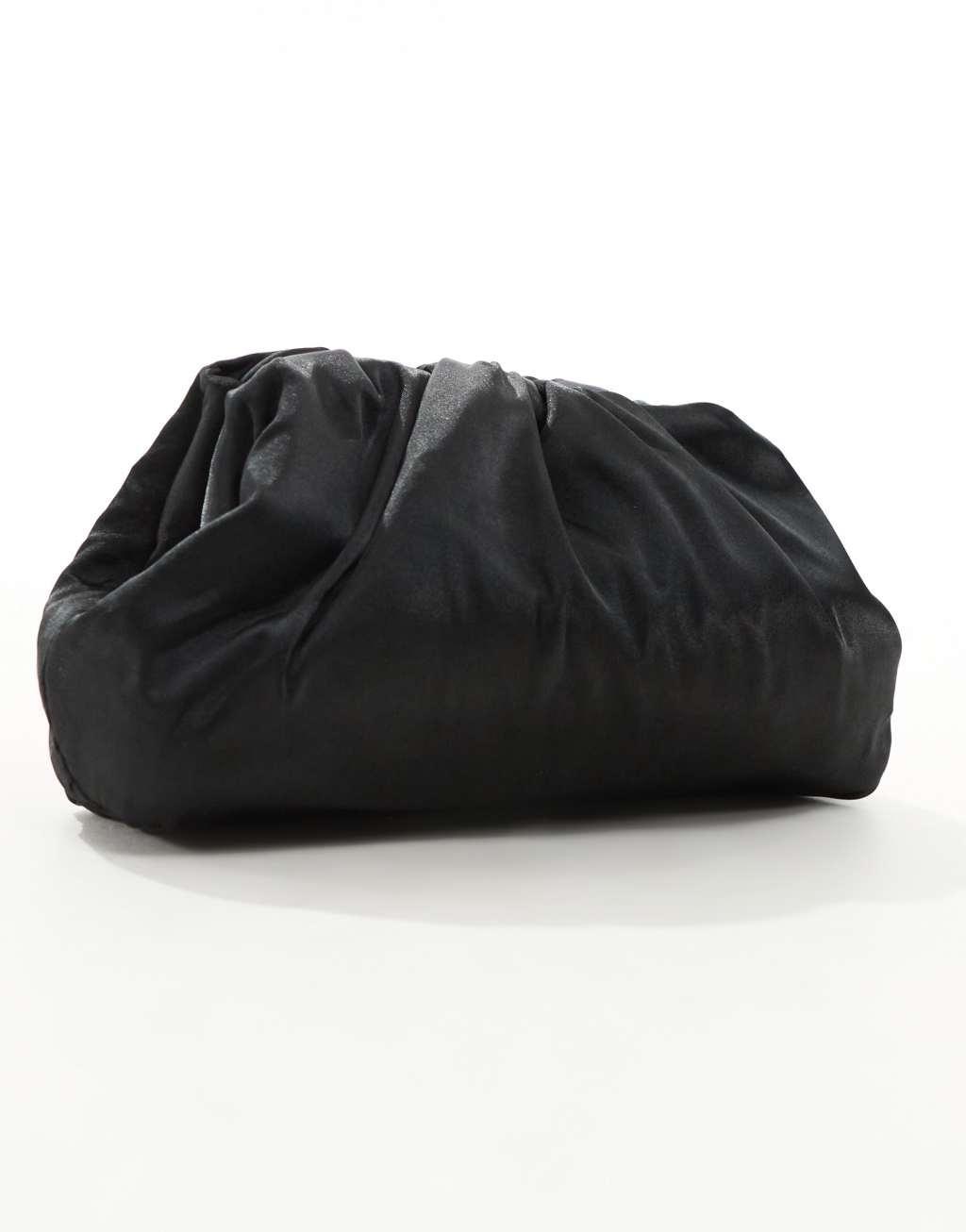 True Decadence minimalist clutch bag in ruched black satin Product Image