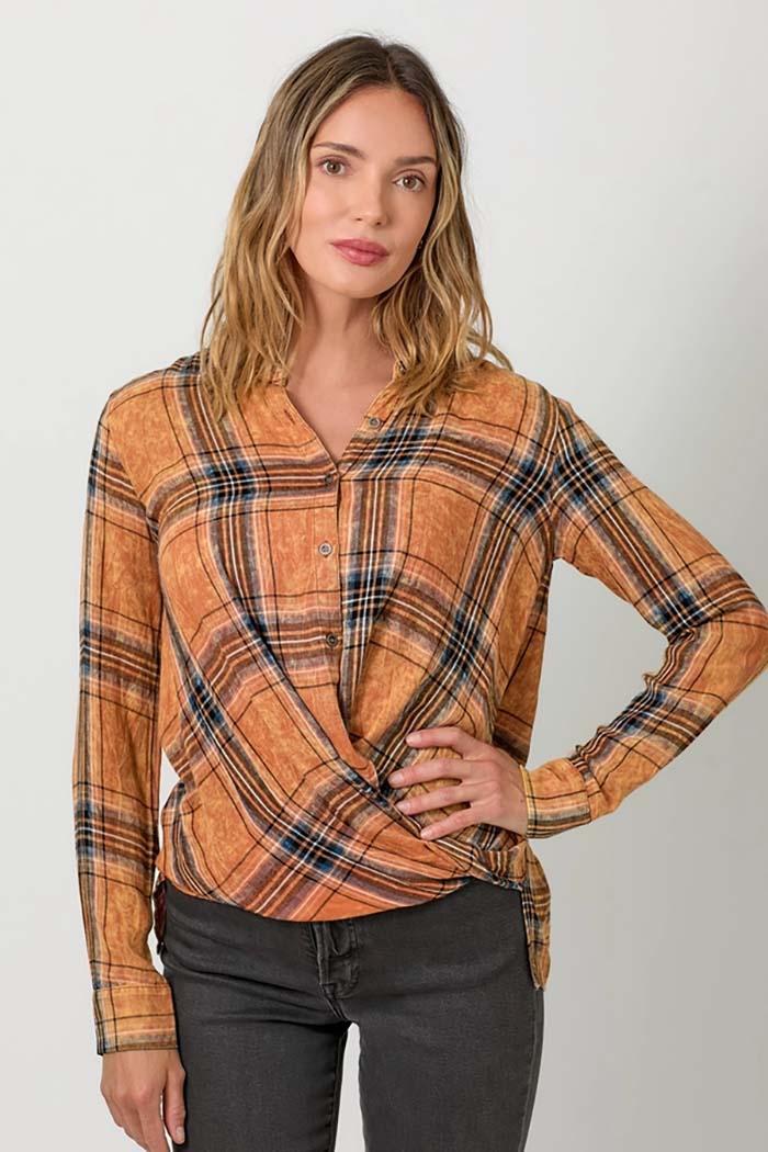 Washed Plaid Surplice Blouse Product Image