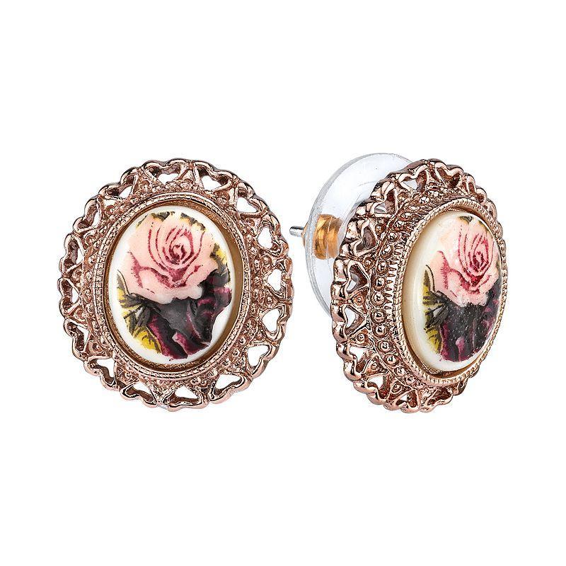 1928 Flower & Heart Button Stud Earrings, Womens, Rose Gold Tone Product Image