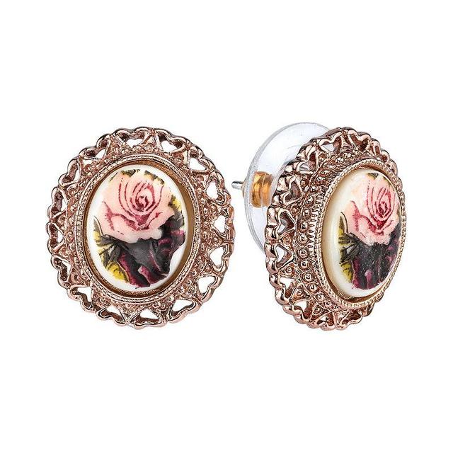 1928 Flower & Heart Button Stud Earrings, Womens, Rose Gold Tone Product Image