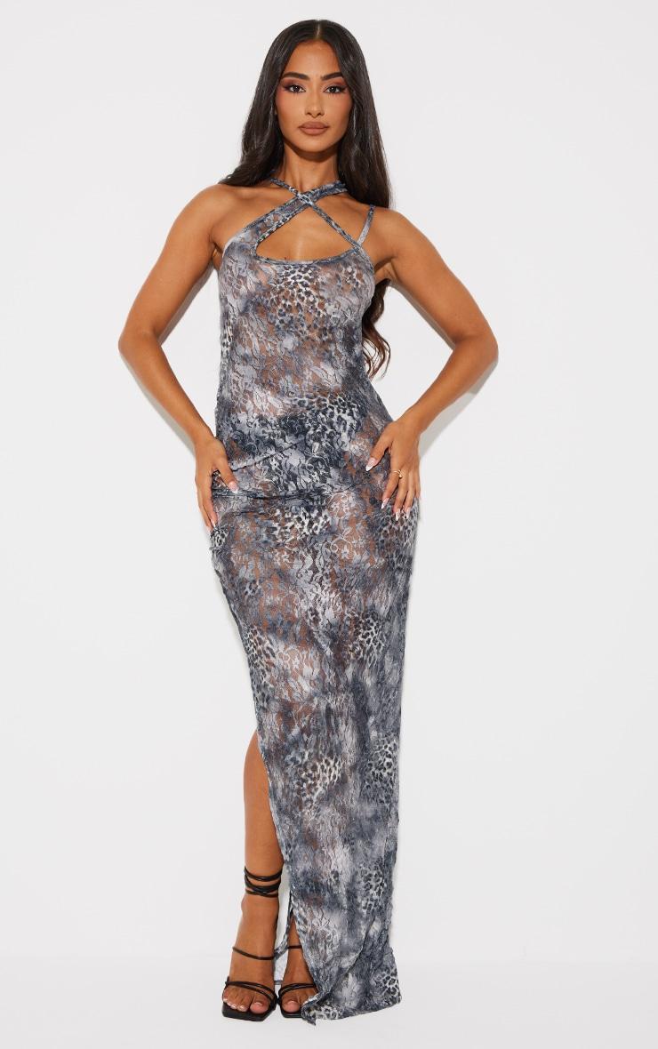 Petite Grey Floral Crushed Lace Ruched Detail Maxi Dress Product Image