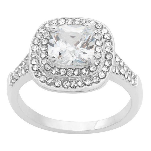 City Luxe Silver Tone Clear Cubic Zirconia Cushion Cut Double Halo Ring, Womens Product Image