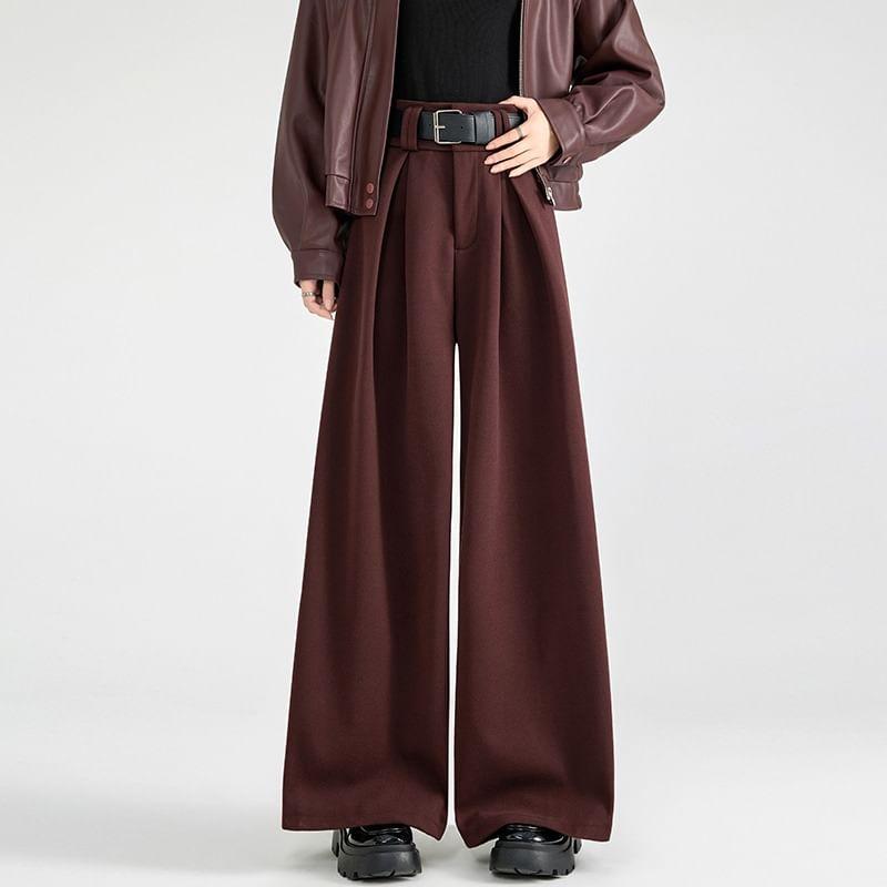 High Waist Plain Pleated Wide Leg Dress Pants Product Image