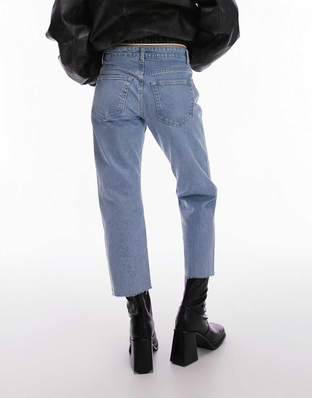 Topshop Petite cropped mid rise straight jeans in bleach  Product Image