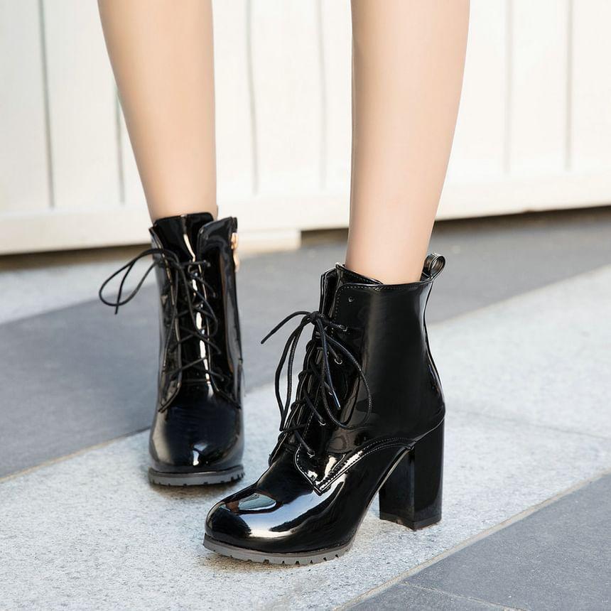 Block Heel Faux Leather Short Boots Product Image