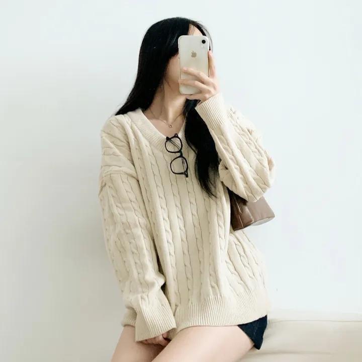 V-Neck Plain Cable-Knit Sweater Product Image