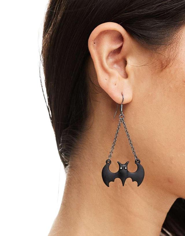 ASOS DESIGN Halloween drop earrings with bat design in black Product Image