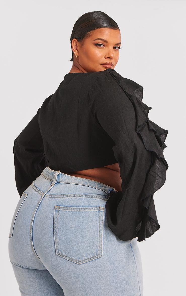 Plus Black Linen Ruffle Front Tie Front Cropped Shirt Product Image