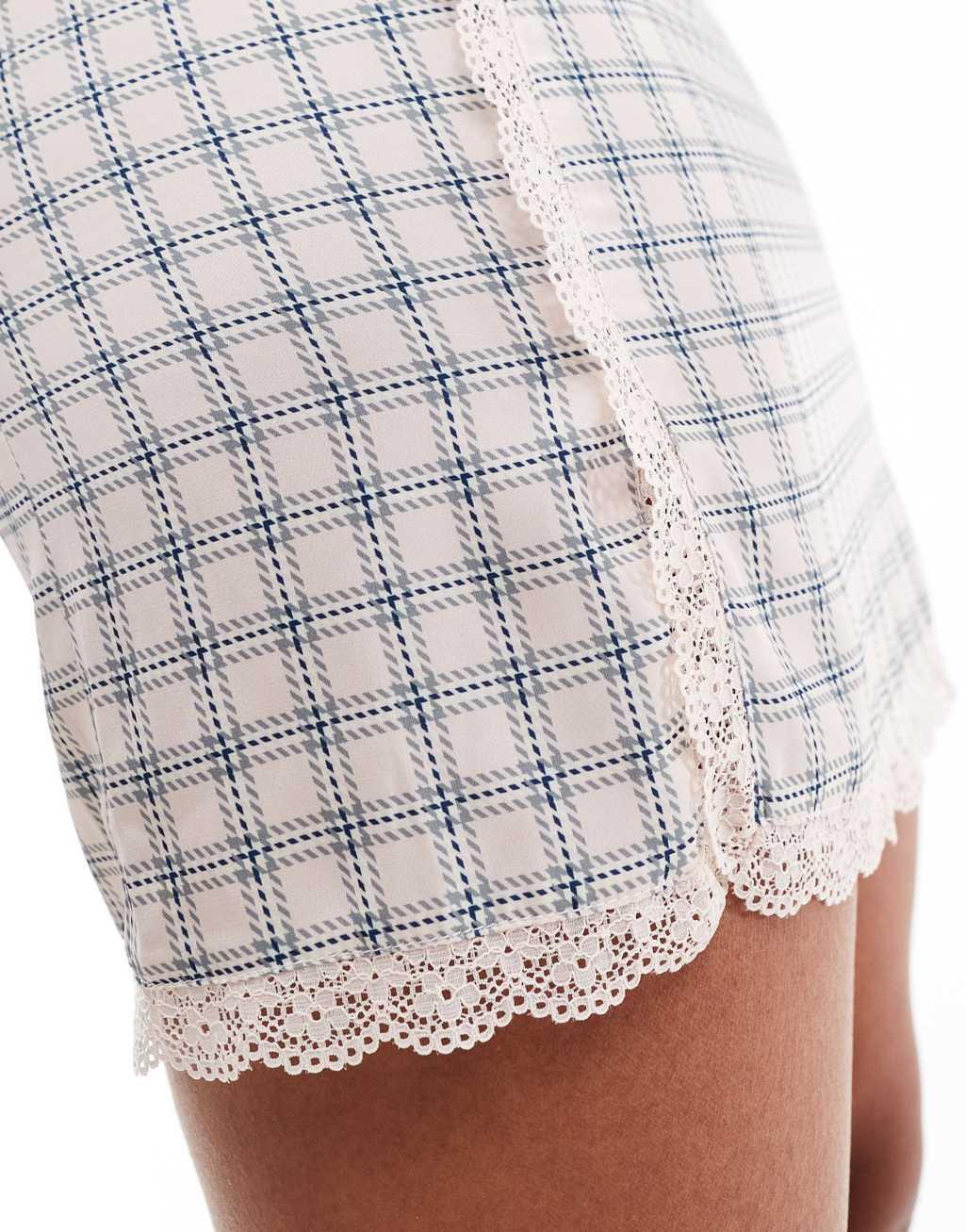 Monki mini satin lace skirt in pink plaid Product Image