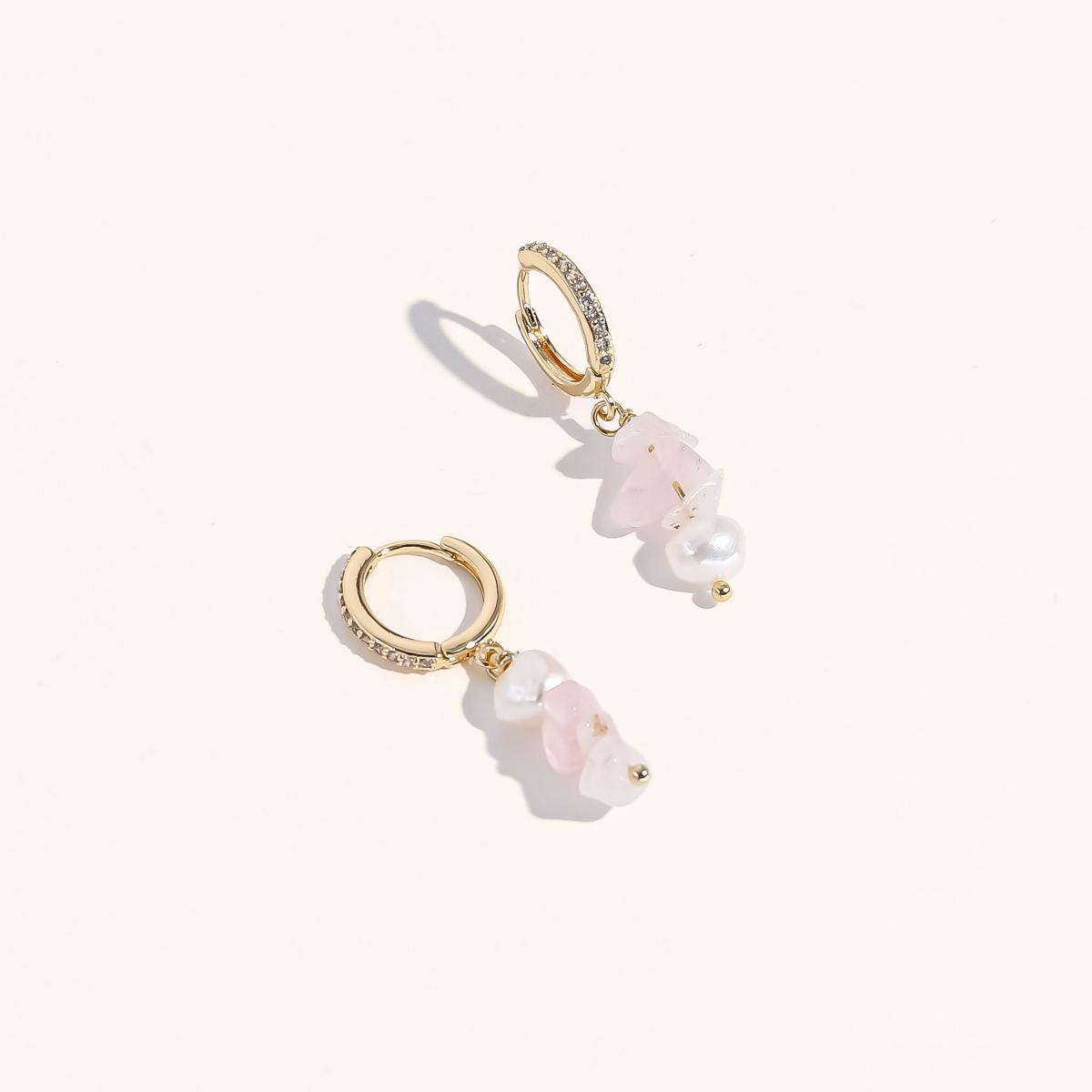 Joey Baby 18K Gold Plated Freshwater Pearls with Rose Quartz Mismatch Style - Manifesting it! Earrings For Women Product Image