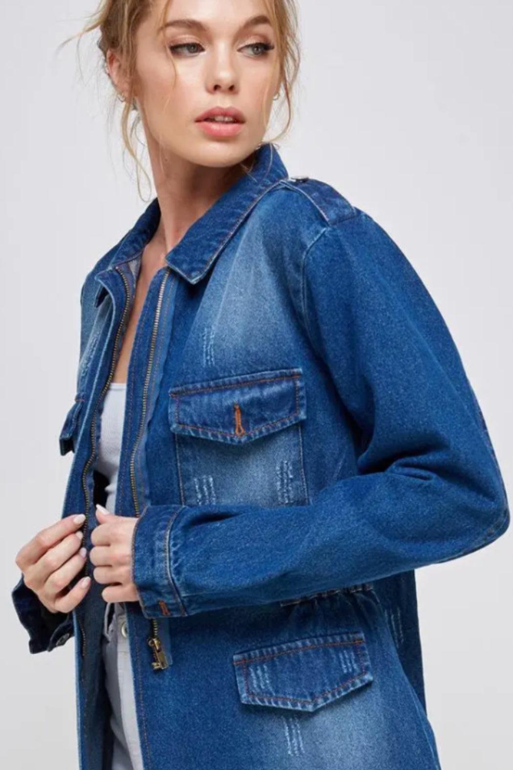 Women's Half Zipper Distressed Denim Jacket Product Image