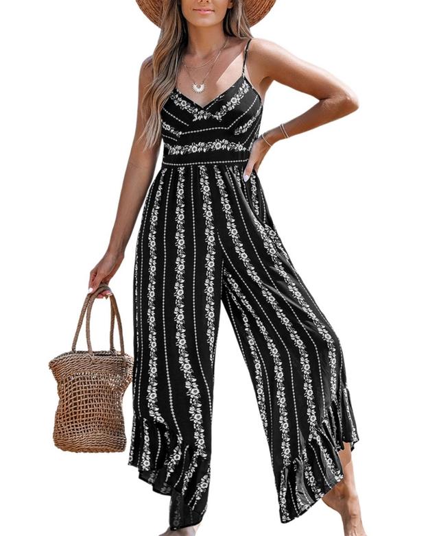 Cupshe Womens Black Floral Striped Sleeveless Ruffled Wide Leg Jumpsuit Product Image