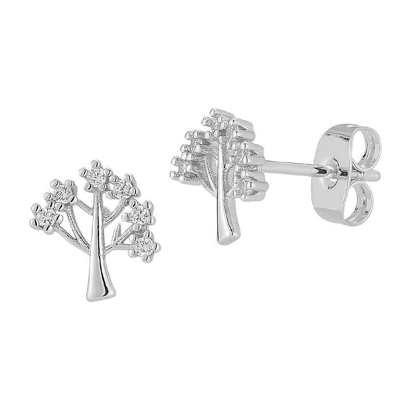 Cubic Zirconia Tree Of Life Stud Earrings, Womens, Silver Tone Product Image