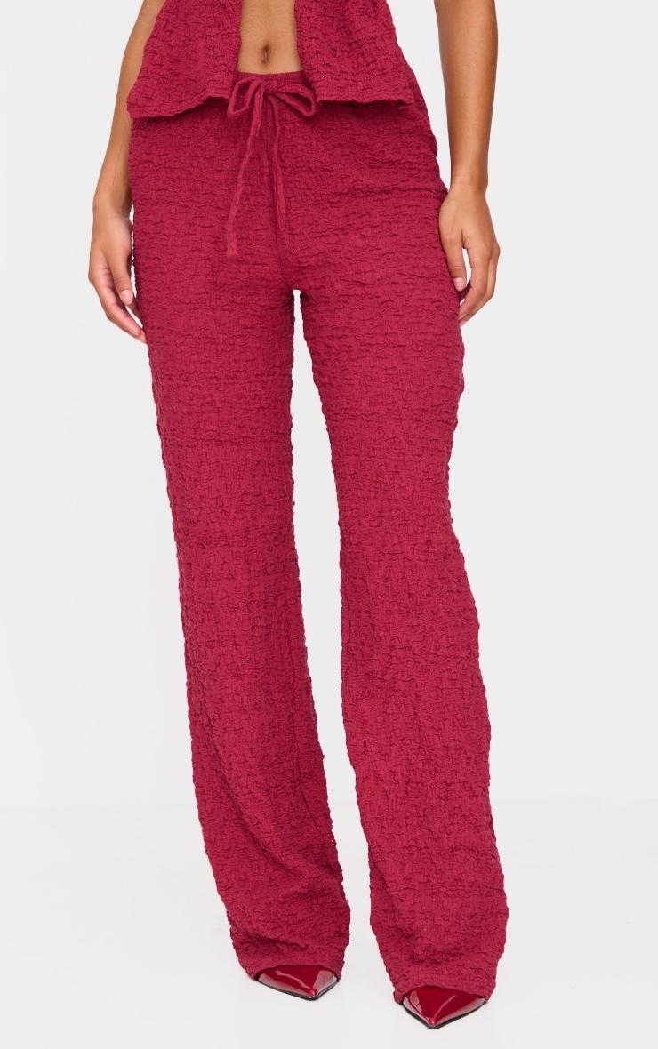 Burgundy Wide Leg Textured Pants Product Image