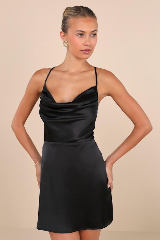 Luxe Reputation Black Satin Sleeveless Cowl Neck Mini Dress Product Image