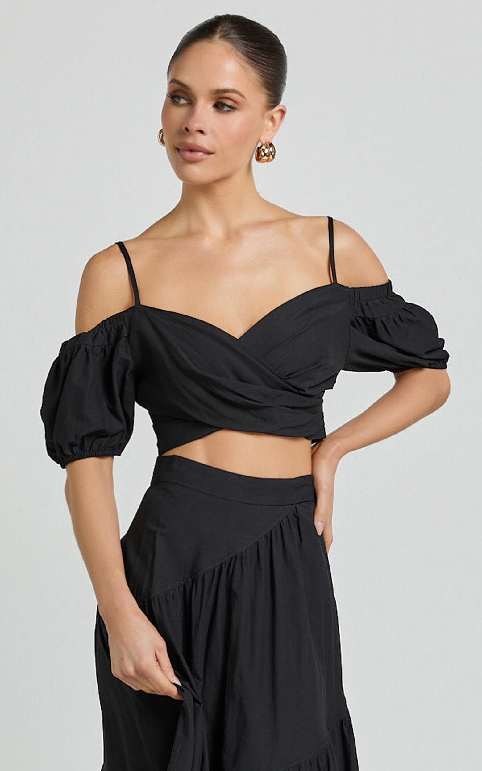 Bella Top - Off Shoulder Cross Over Puff Sleeve Crop Top in Black Product Image