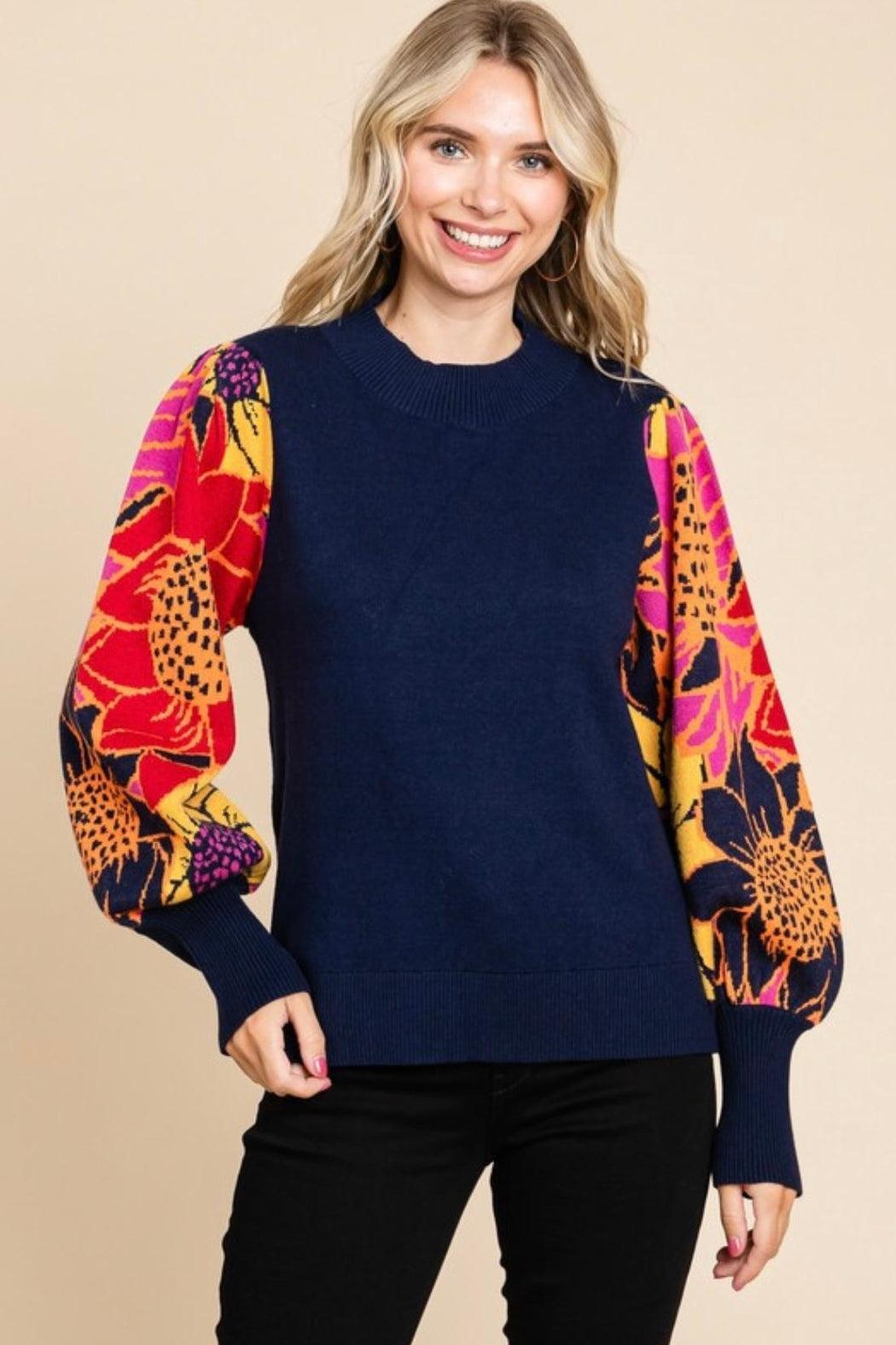 Navy Floral Balloon Sleeve Sweater Product Image