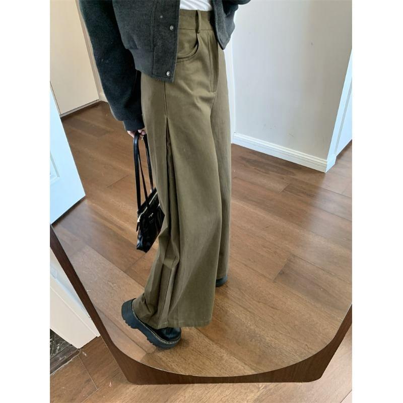 Plain Button Bomber Jacket / High Waist Wide Leg Pants Product Image