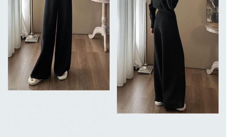 Set: V-Neck Plain Button-Up Slit Cardigan + High Rise Knit Wide Leg Pants Product Image